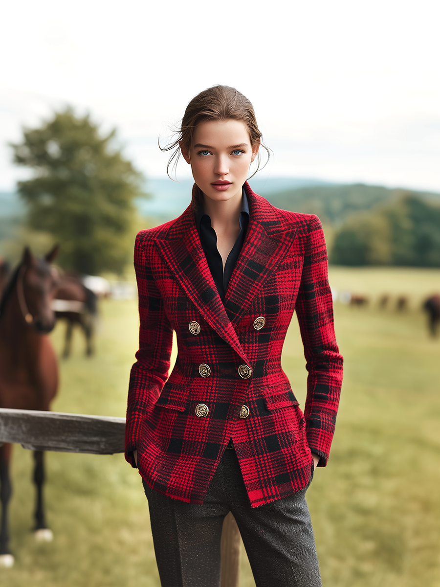 Élégant Blazer Rétro à Carreaux à Double Boutonnage Inspiré du Style Western