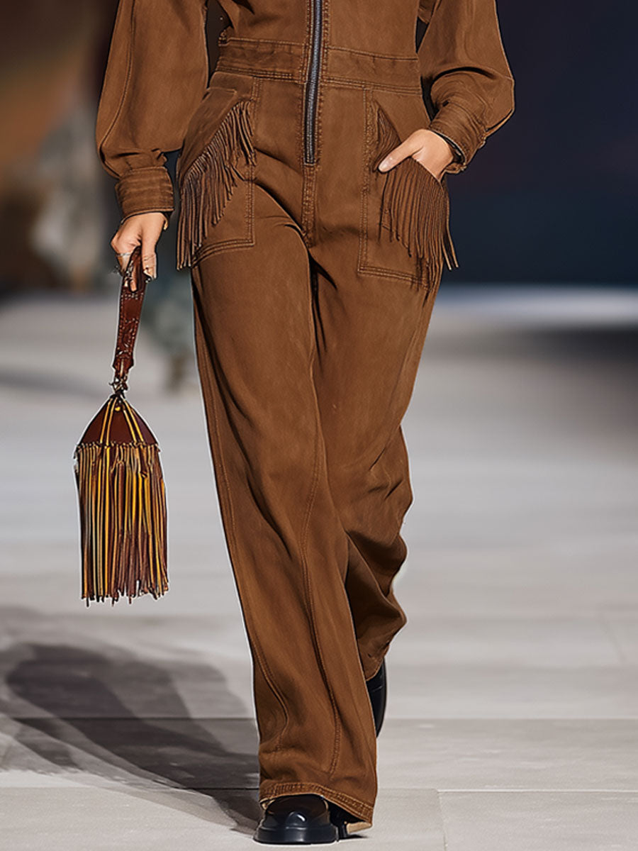 Salopette Rétro en Denim Caramel à Manches Longues avec Poches à Franges