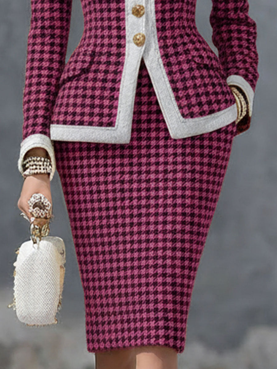 Élégant Ensemble Blazer et Jupe en Houndstooth