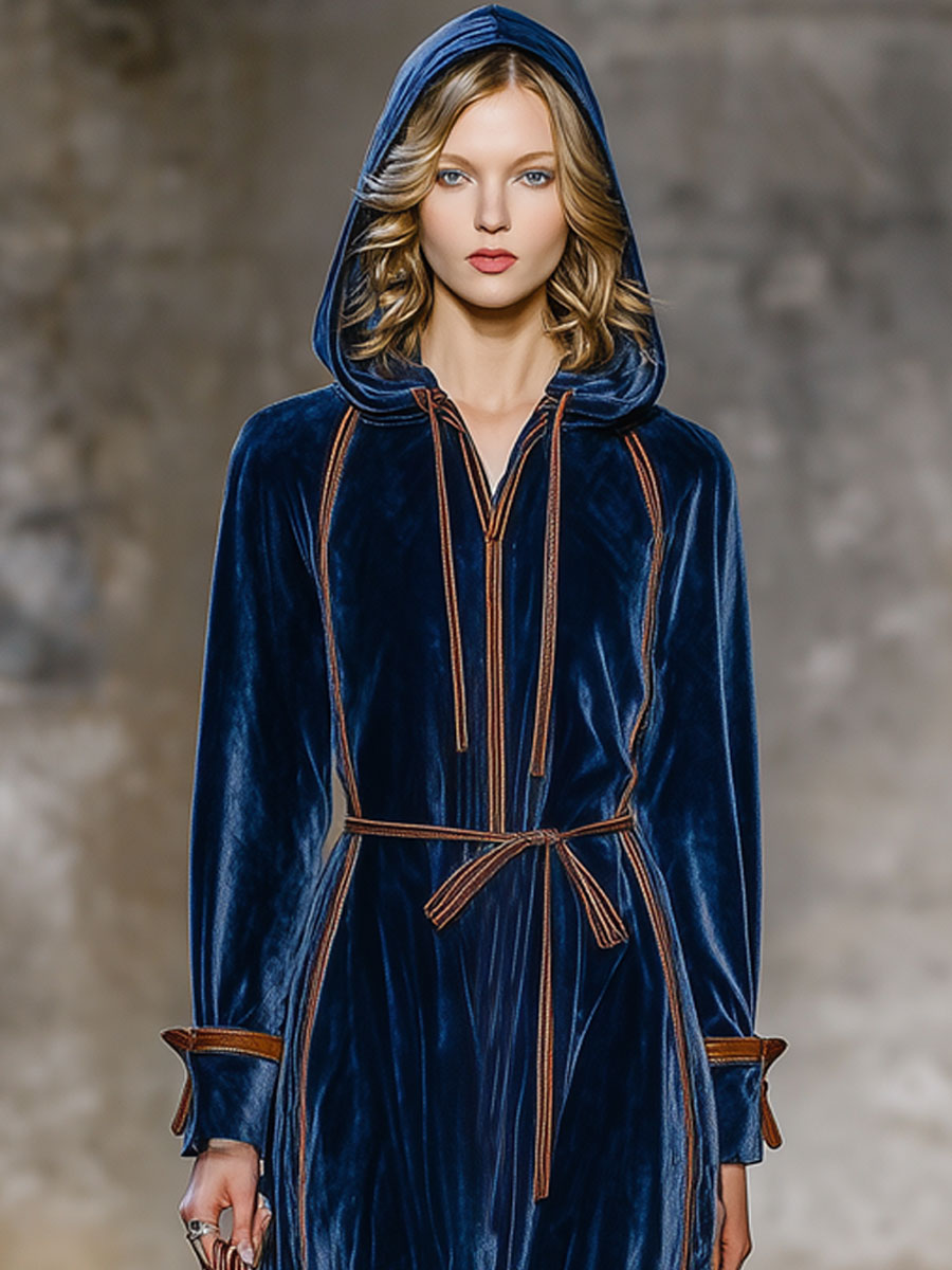 Robe Maxi Velours Bleu Foncé avec Capuche et Accents Marron Rétro