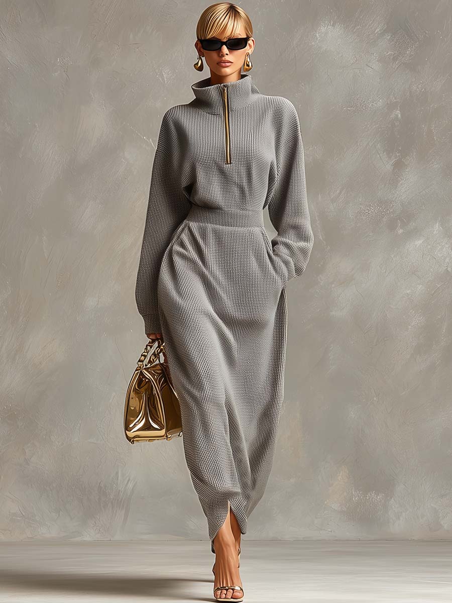 Robe Maxi Waffle Gris Clair : Élégance à Col Revers et Manches Longues avec Fermeture Éclair