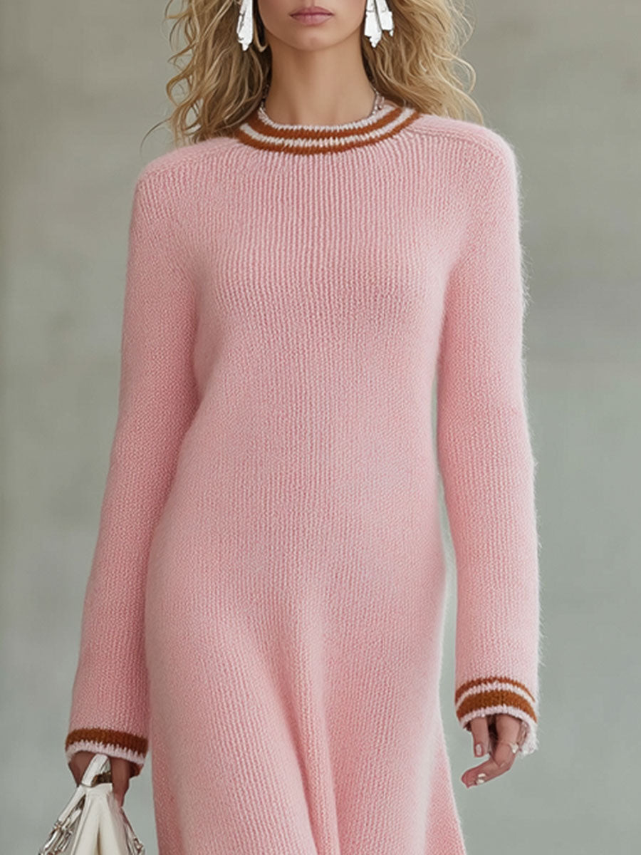 Robe Midi A-Line Tricotée Rose au Bord Brun Vintage