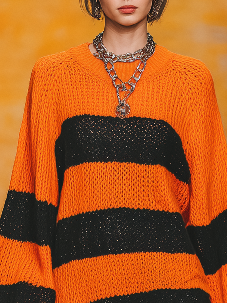 Robe Vintage en Tricot à Col Rond avec Manches Lanternes et Rayures Contrastées