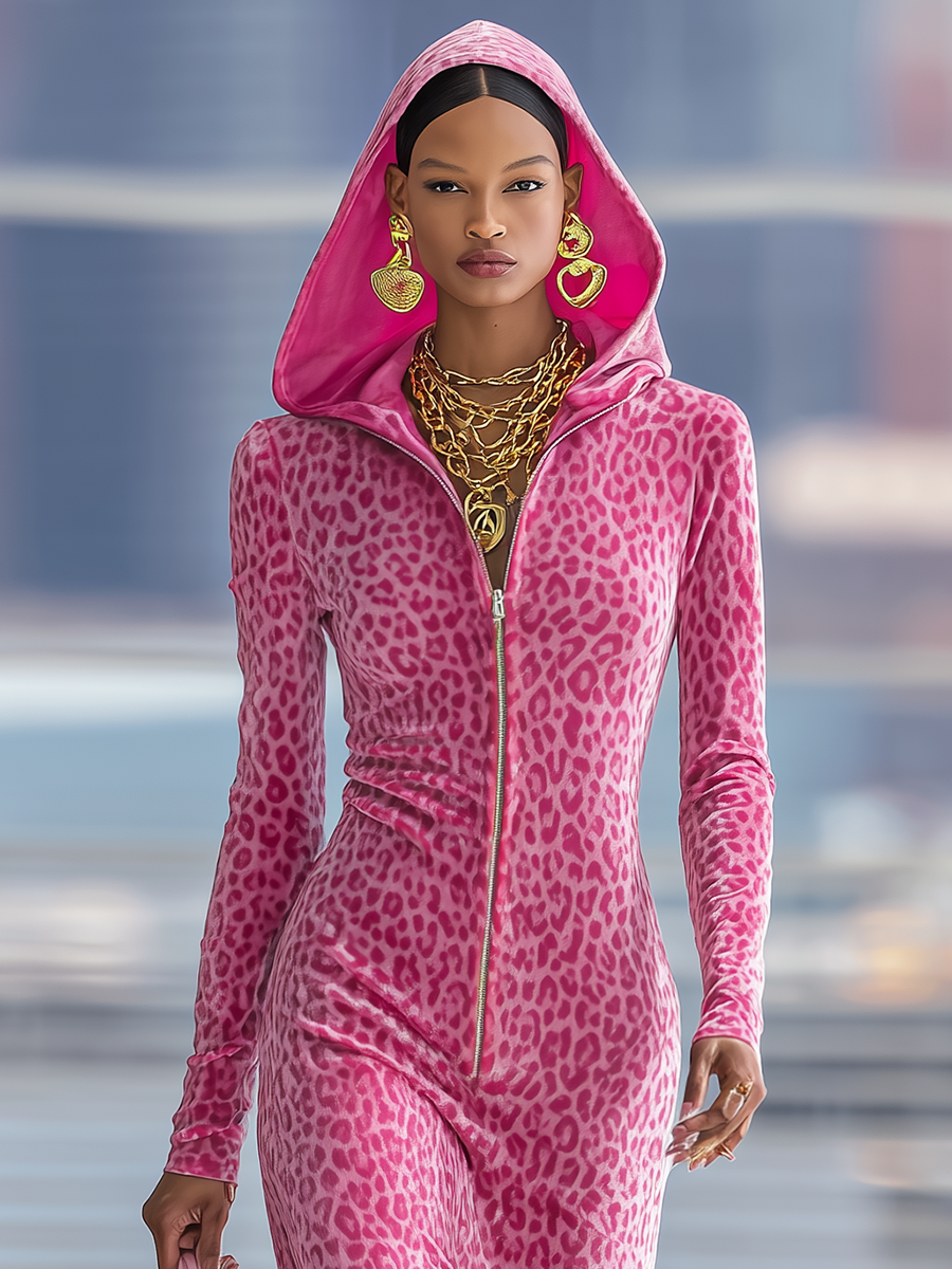 Robe Maxi Sportive en Velours Léopard avec Capuche Zippée