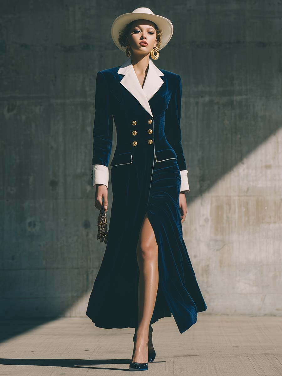 Robe Maxi Vintage en Velours Bleu Foncé avec Revers Contrasté et Double Boutonnage