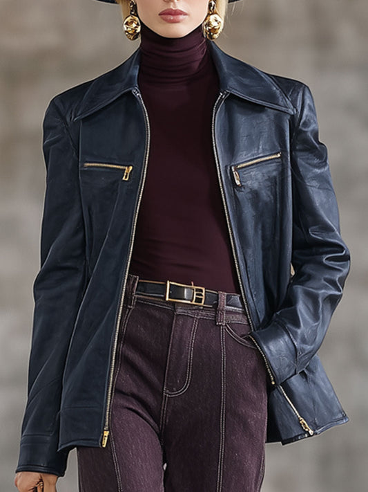 Veste zippée en simili cuir vintage bleu marine