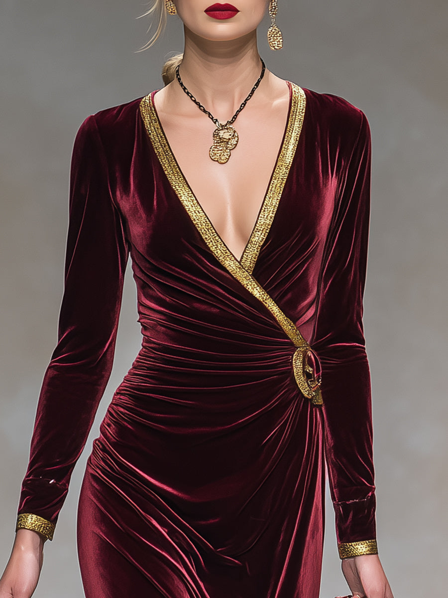 Robe Maxi en Velours Bordeaux avec Décolleté en V et Détails Dorés – Élégance Suprême
