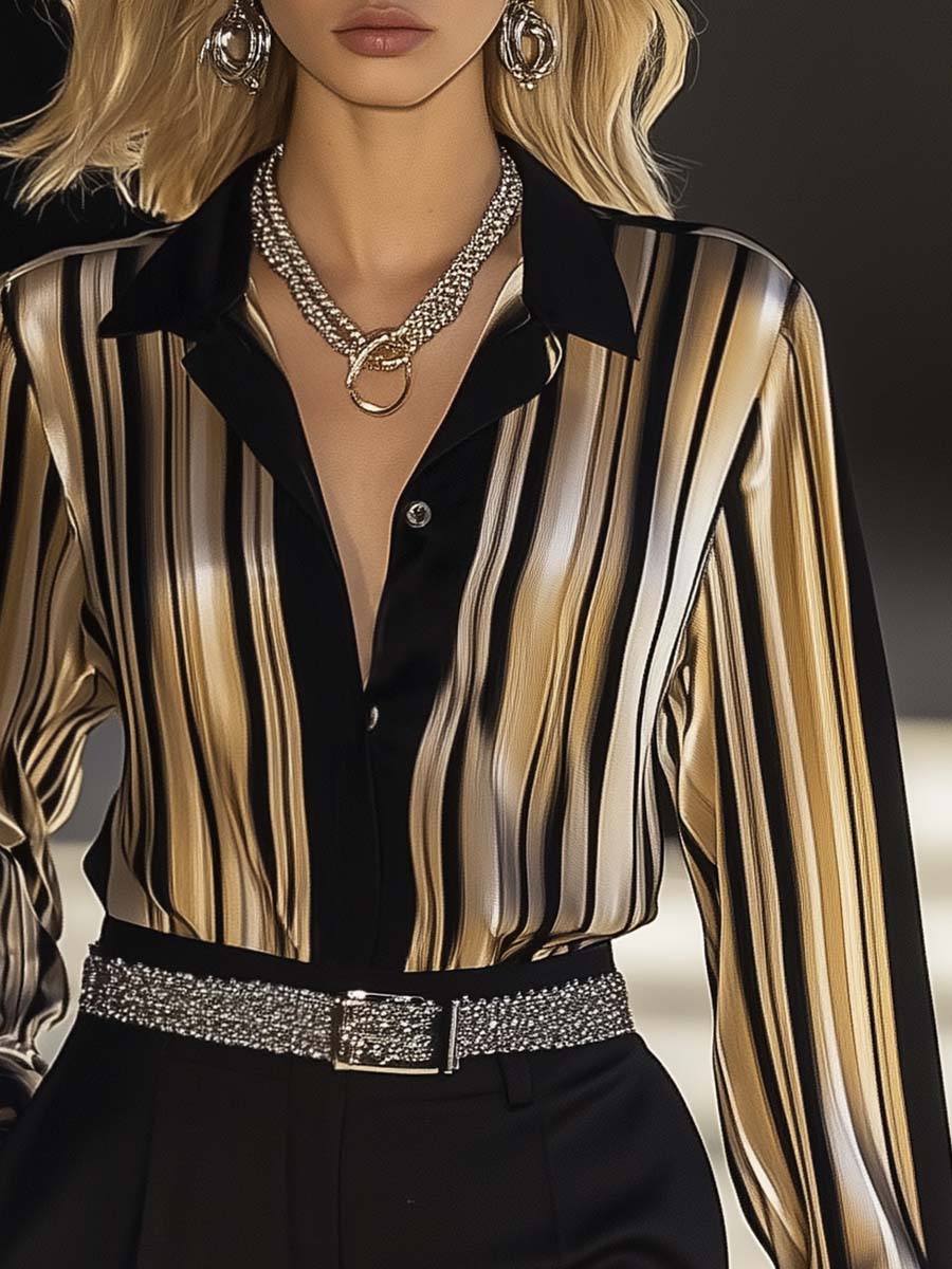 Chemise Satinée Élégante à Rayures Noires et Dorées