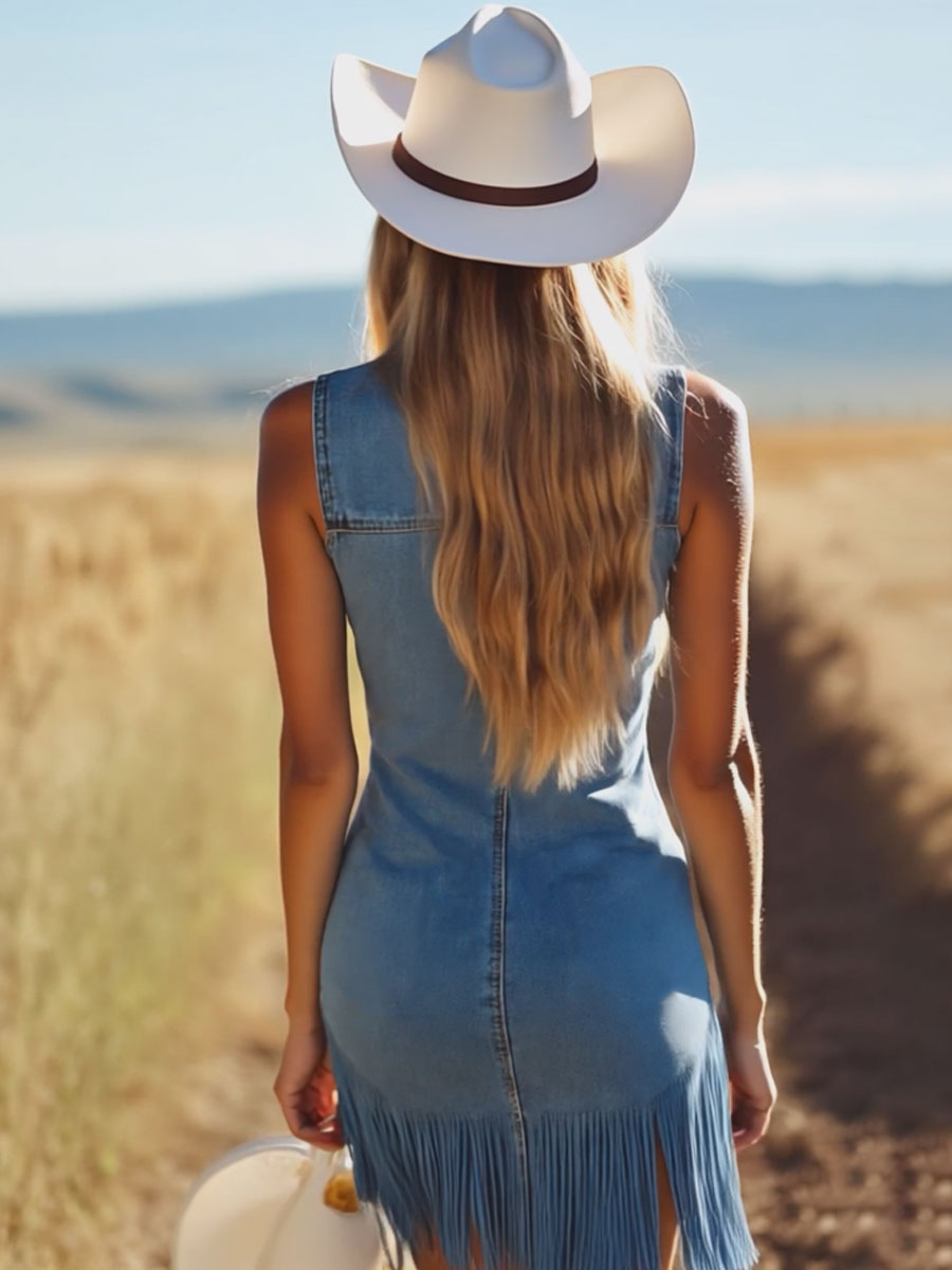 Robe Mini Sans Manches en Jean Bleu Vintage à Col V avec Franges - Livraison en 24 Heures !