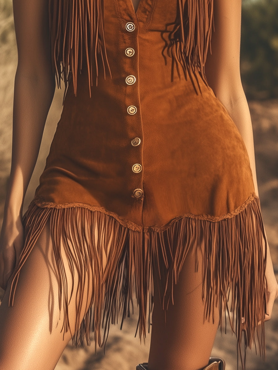 Robe Mini Vintage en Suède Marron à Franges - Expédition Rapide en 24 Heures!