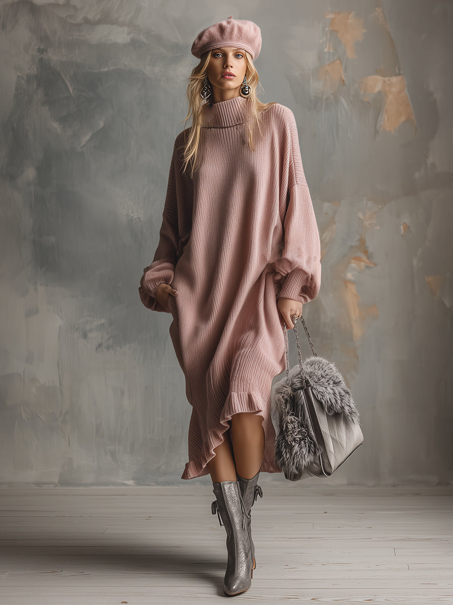 Robe Midi Élégante en Tricot Rose avec Col Montant et Ourlet Volanté