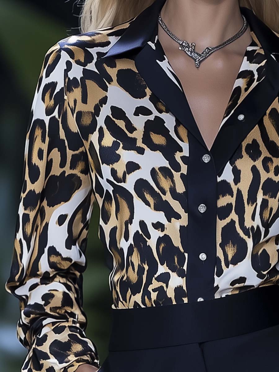 Chemise Satinée Imprimée Léopard avec Finitions Élégantes en Noir