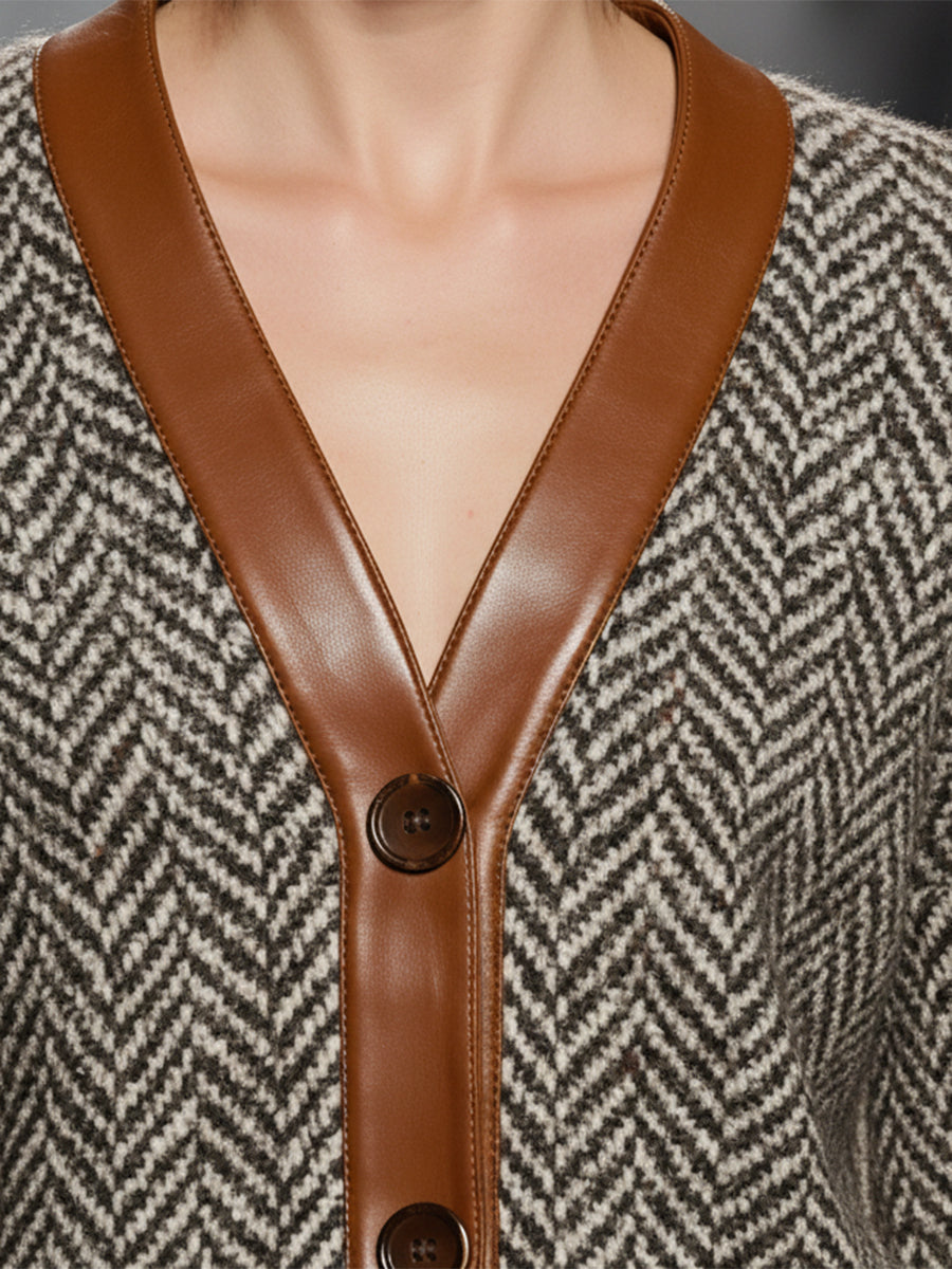 Veste Herringbone Élégante avec Accents en Similicuir Vintage
