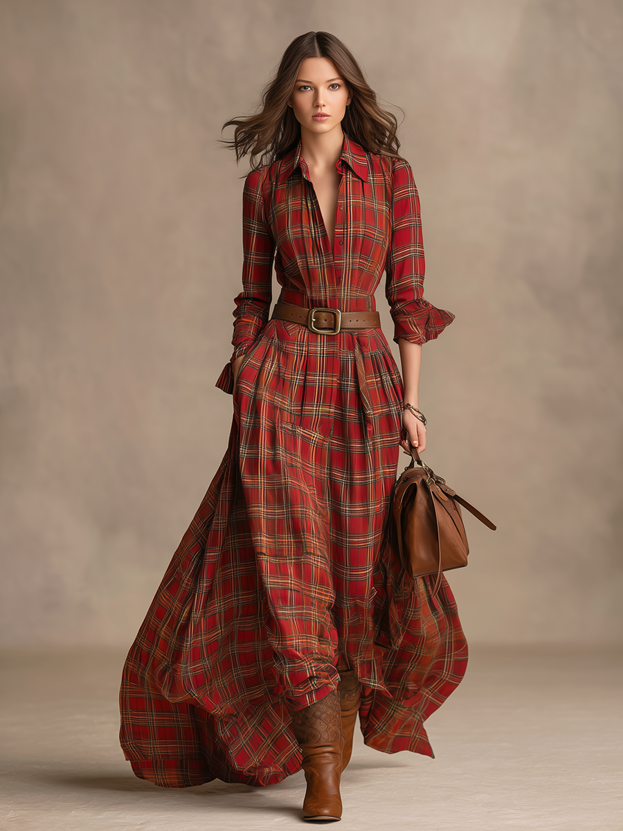 Robe Maxi Vintage à Manches Longues à Motif Carreaux avec Col Élégant
