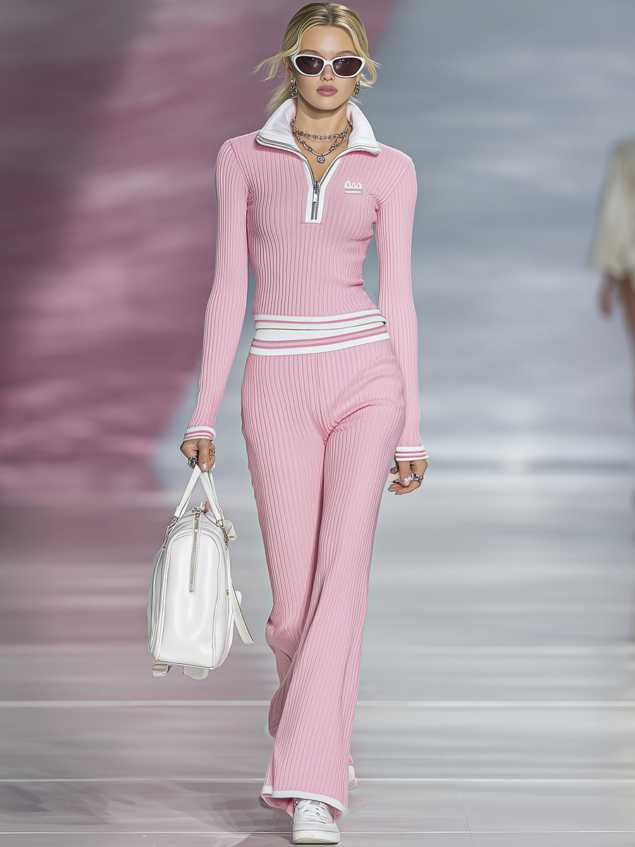 Ensemble Sportif Chic : Haut et Pantalon à Zip Demi-Ouvert en Rose
