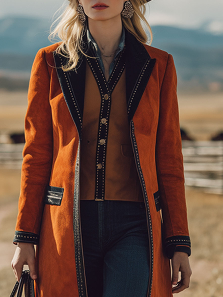 Veste en Faux Suède Orange Nomade au Style Western Rétro avec Détails Noirs