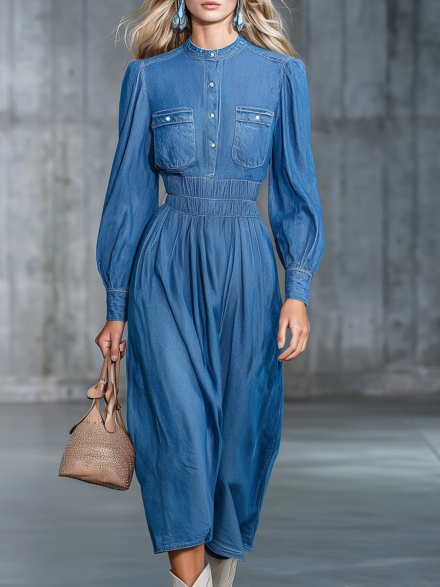 Robe Midi en Denim avec Col Rond Élastique et Manches Amples" could be rewritten as:
"Robe Midi en Denim : Élégance Décontractée avec Col Élastique et Manches Amples