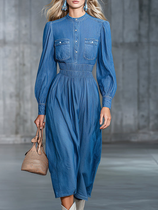 Robe Midi en Denim avec Col Rond Élastique et Manches Amples" could be rewritten as:
"Robe Midi en Denim : Élégance Décontractée avec Col Élastique et Manches Amples