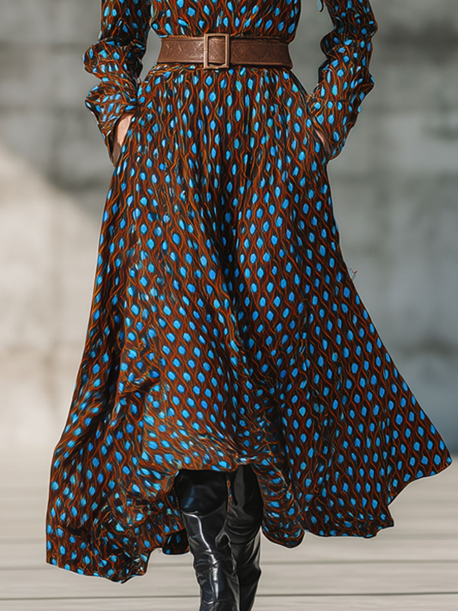 Robe Maxi Chemisier Vintage à Motif Diamant Bleu et Marron