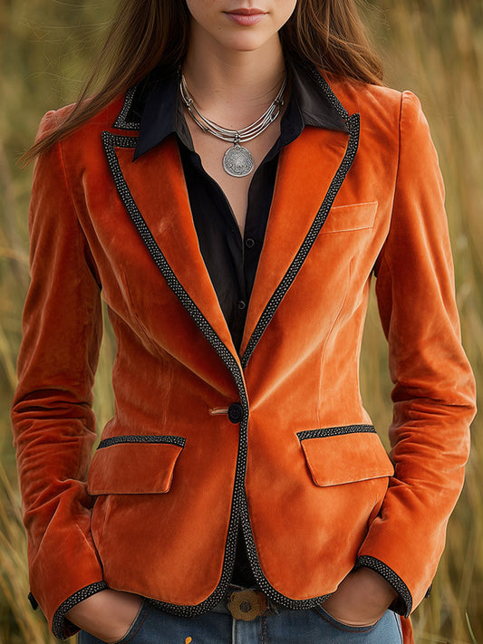 Veste Vintage en Velours Orange avec Patches