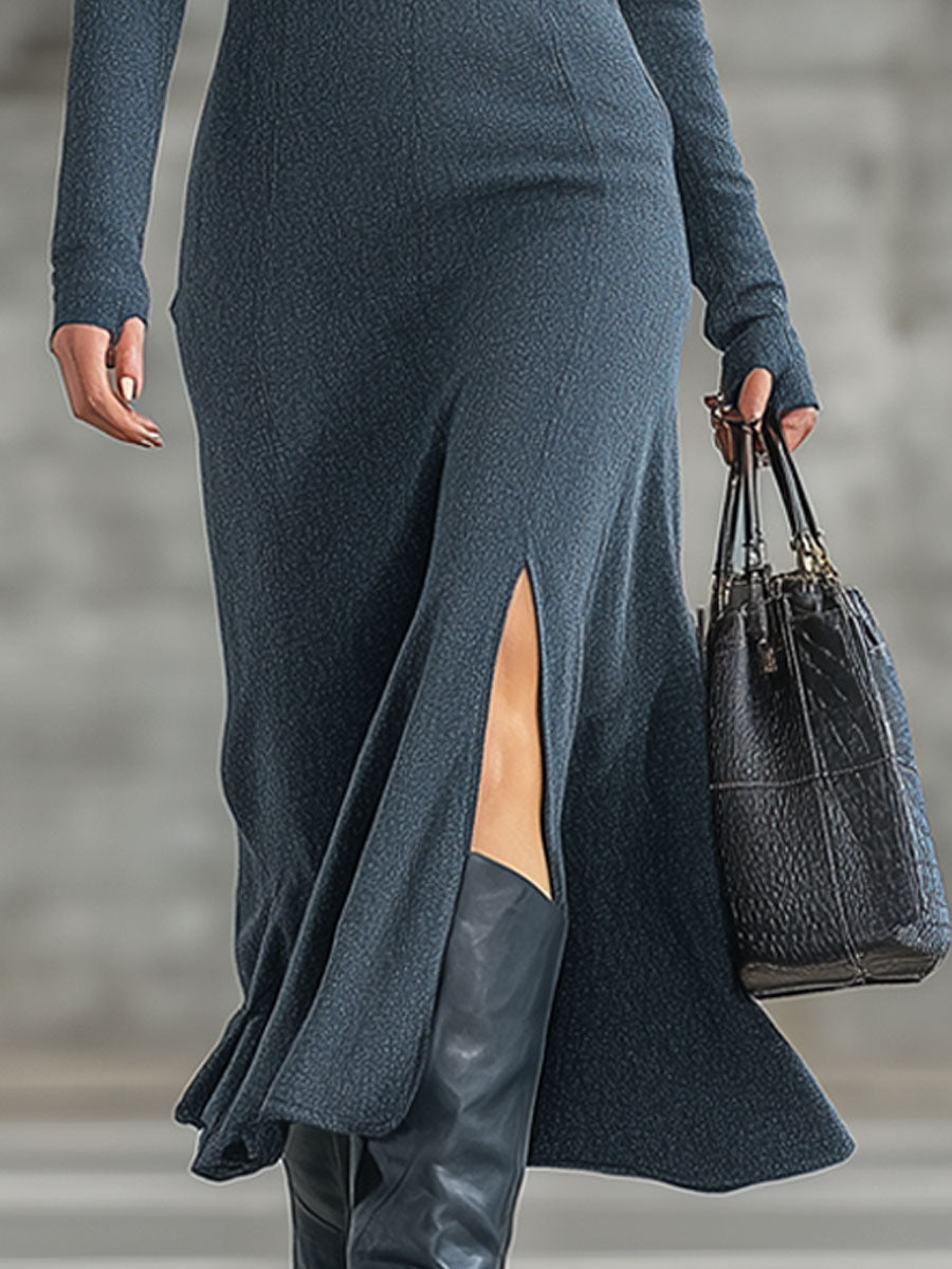 Robe Midi Vintage en Velours Grainé Bleu Foncé avec Capuche et Fermeture Éclair