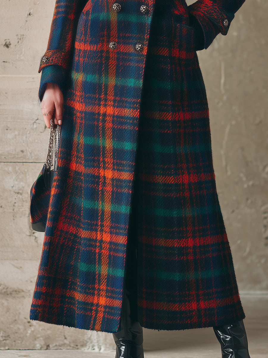 Longue Manteau en Laine à Carreaux avec Col en Fourrure Synthétique : Élégance Rétro et Chic