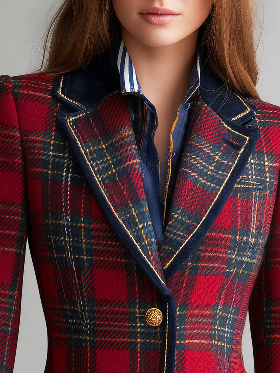 Veste Vintage à Carreaux avec Fermeture Simple