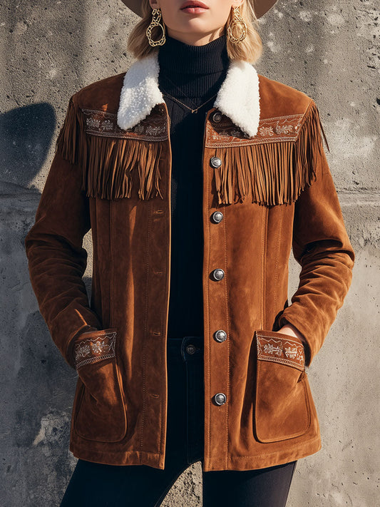 Veste Western en Faux Suède Brodée avec Col Sherpa