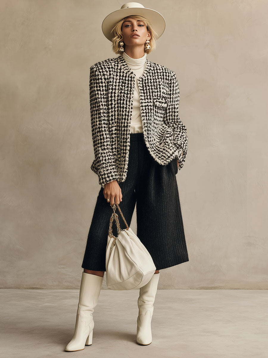 Ensemble Chic : Veste en Tweed Oversize et Pantalons Évasés
