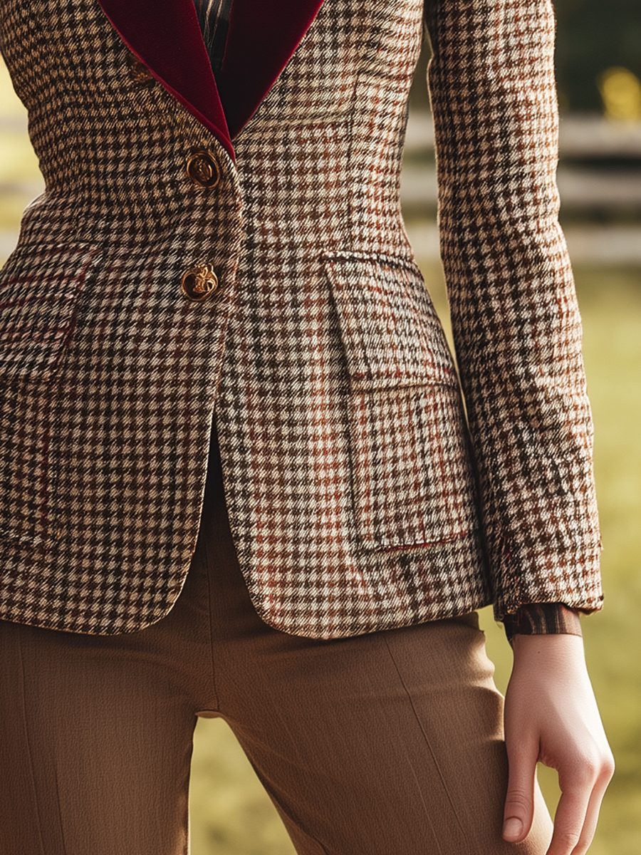 Élégant Blazer Houndstooth à Carreaux avec Revers en Velours Rétro