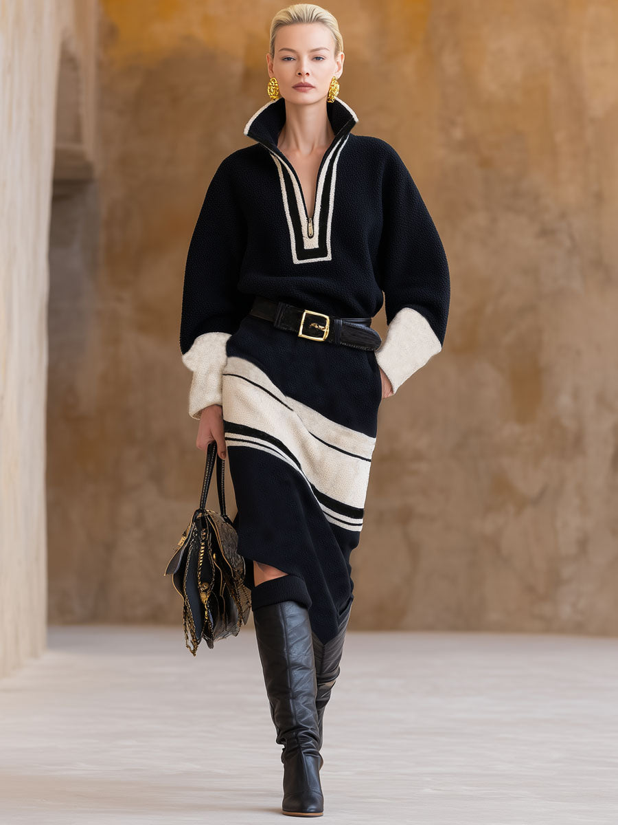 Robe Midi en Polaire à Col Montant et Fermeture Éclair Colorée