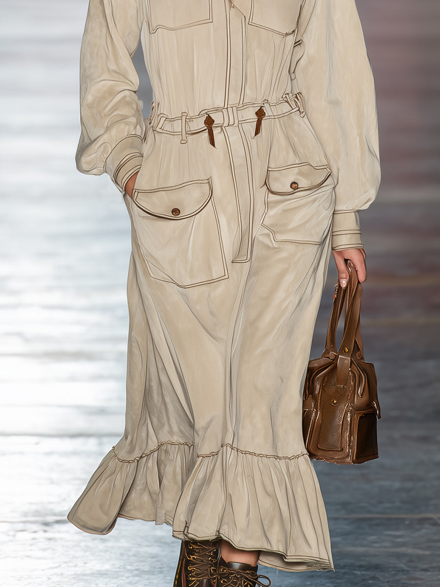 Robe Maxi Kaki Clair à Capuche avec Détails Rétro et Poches Pratiques