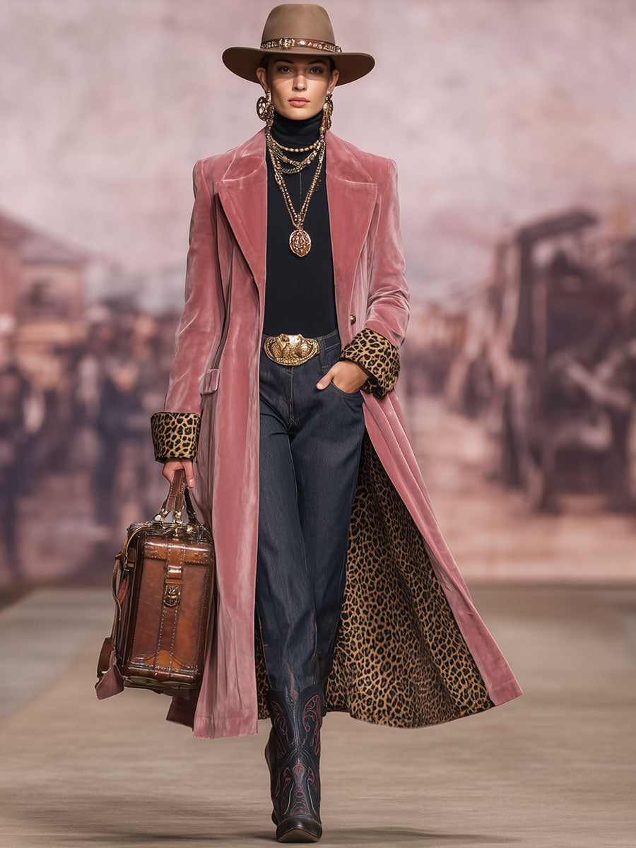 Veste en velours imprimé léopard avec revers et fermeture à bouton
