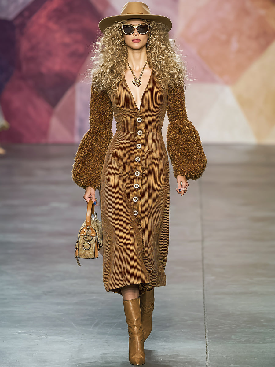 Robe Midi Vintage Western en Velours Côtelé Marron avec Manches en Peluche et Décolleté en V