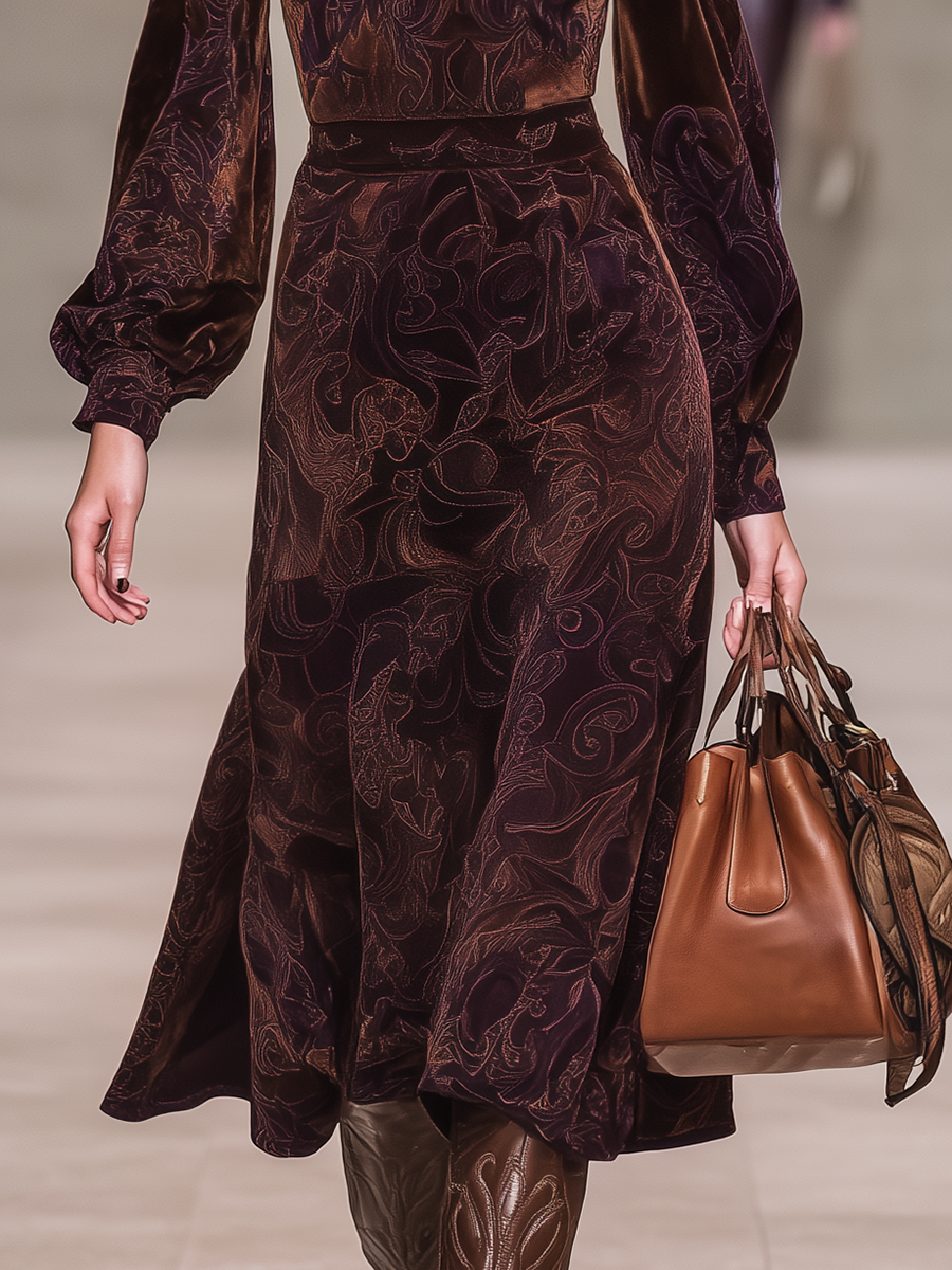 Robe Vintage en Velours à Col Montant et Manches Longues