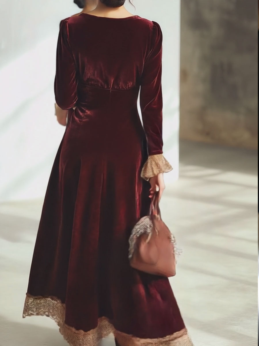 Robe Maxi Velours Rouge Ankola : Élégance en Dentelle et Décolleté en V - Expédition Rapide en 24 Heures