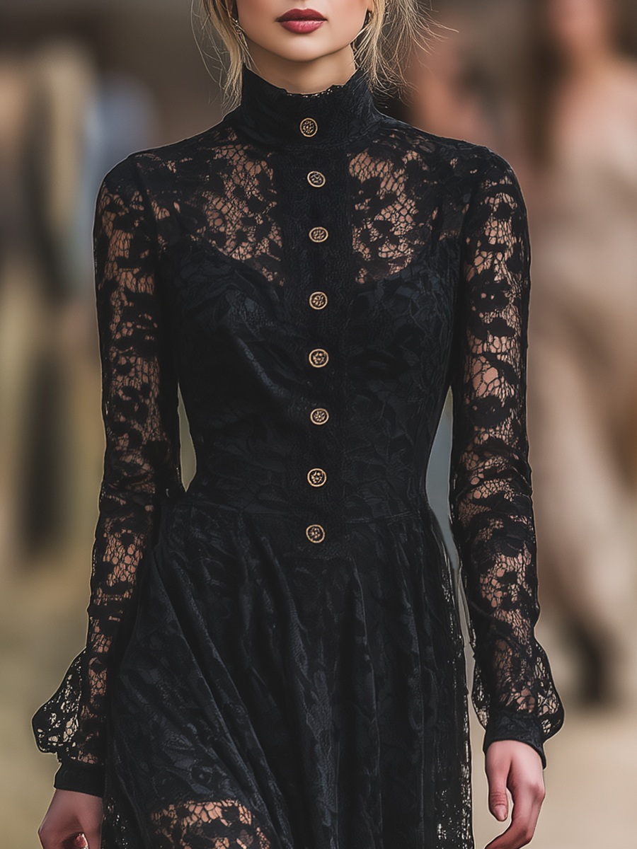Robe Maxi en Dentelle Élégante avec Col Montant - Style Western Chic