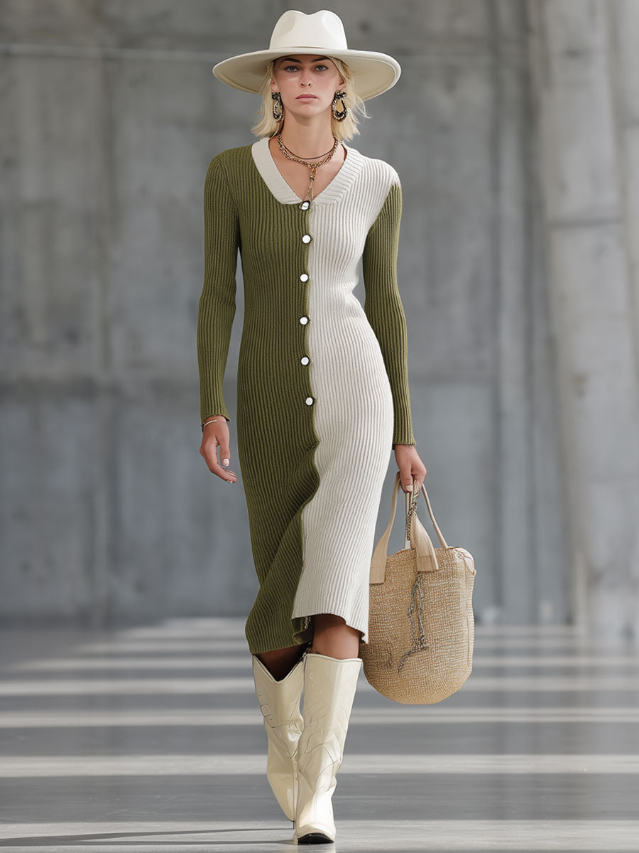 Robe Midi Vintage en Laine Tricotée - Vert Mousse et Blanc