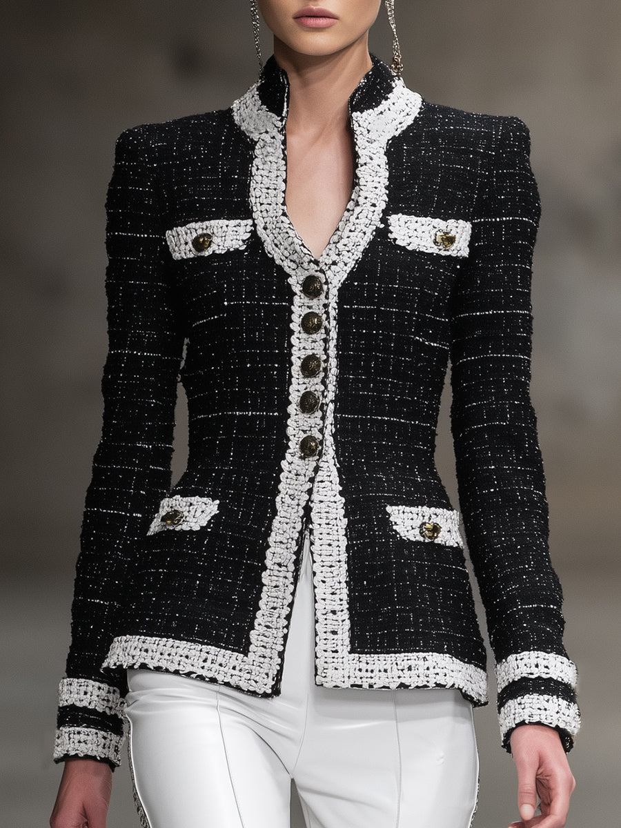 Veste Tendance en Tweed Noir avec Détails en Patchwork
