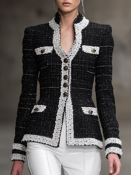 Veste Tendance en Tweed Noir avec Détails en Patchwork