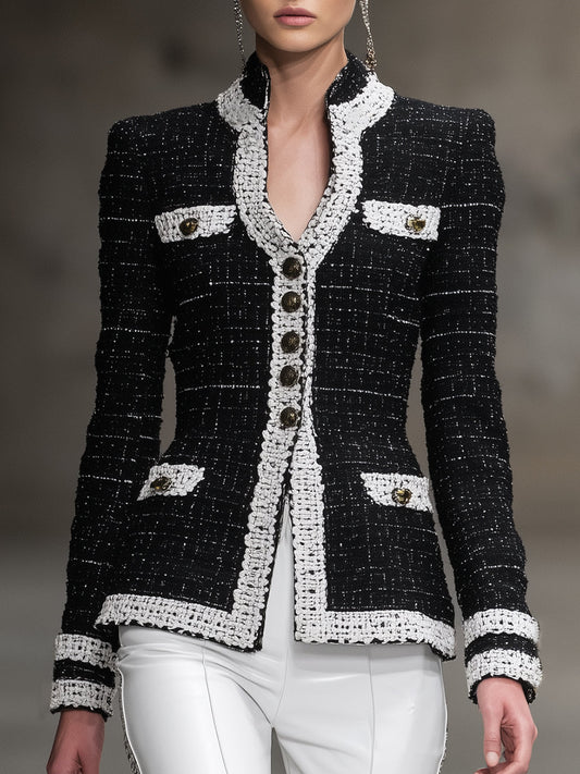 Veste Tendance en Tweed Noir avec Détails en Patchwork