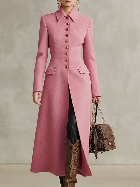 Veste en Laine à Boutonnage Unique avec Revers Rose