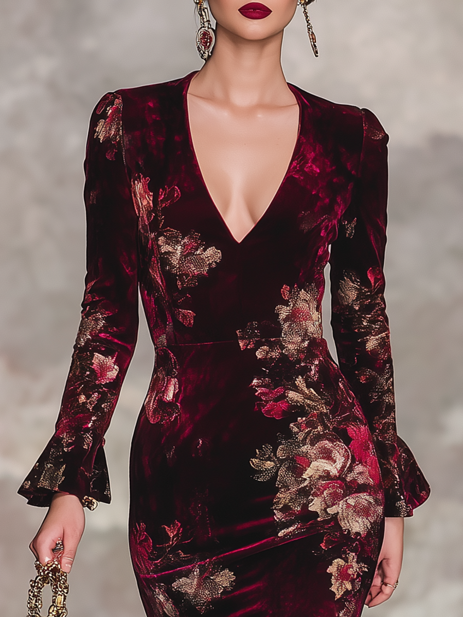 Robe Maxi en Velours Floral avec Décolleté en V et Manches Longues à Volants