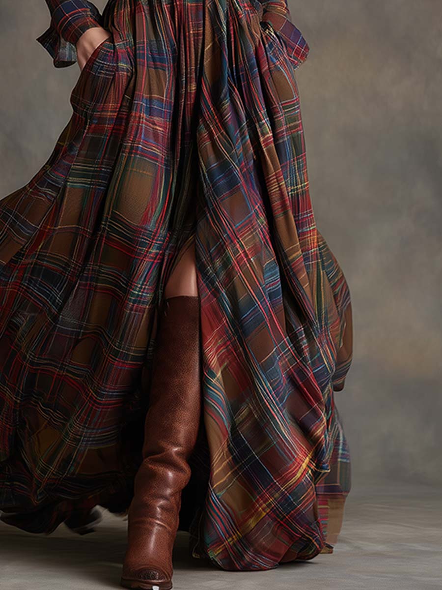 Robe Maxi Rétro à Carreaux Marron Rouge avec Col Ethnique