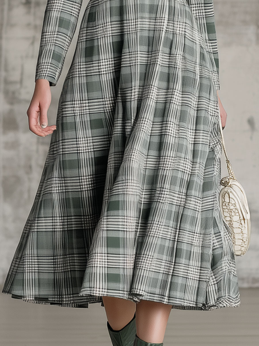 Robe Midi Vintage à Motif Carreaux avec Col Carré