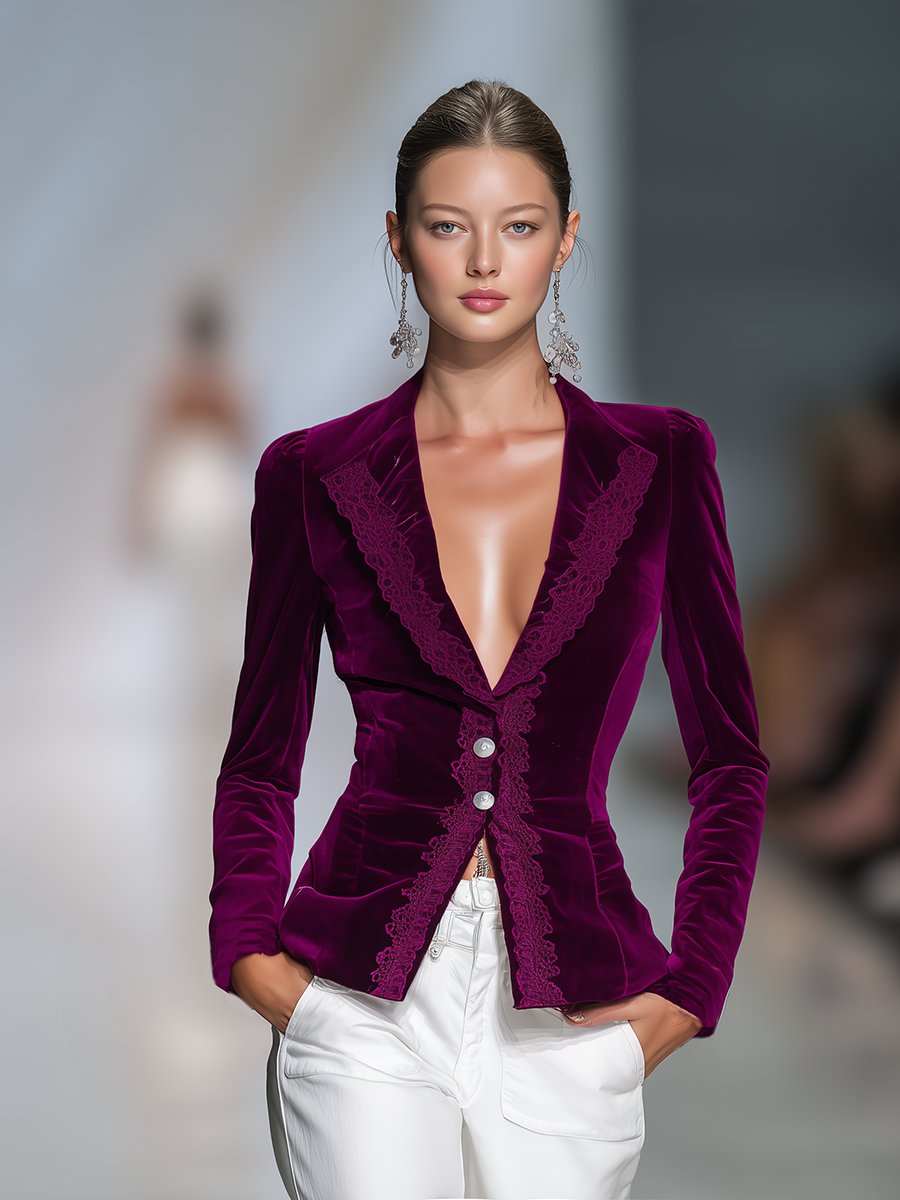 Veste Vintage en Velours Élégante avec Détails Lacés et Boutonnage Simple
