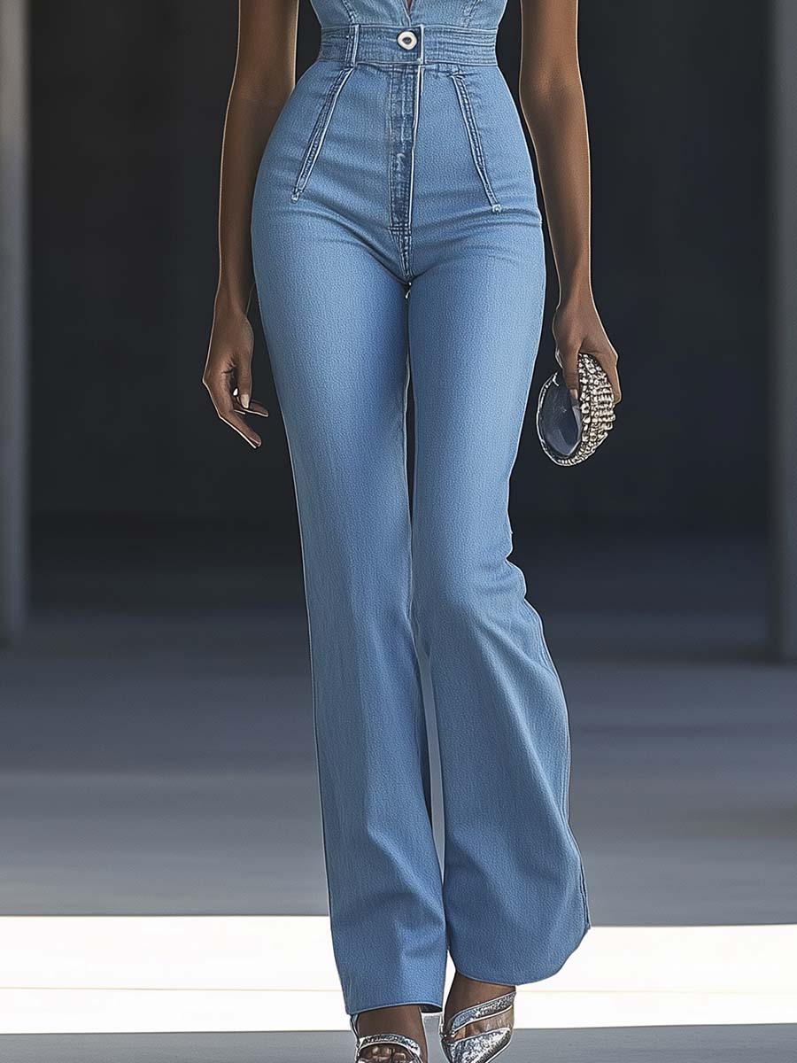 Expédition Rapide en 24 Heures : Élégante Combinaison Sans Manches en Denim Bleu Clair avec Col en V