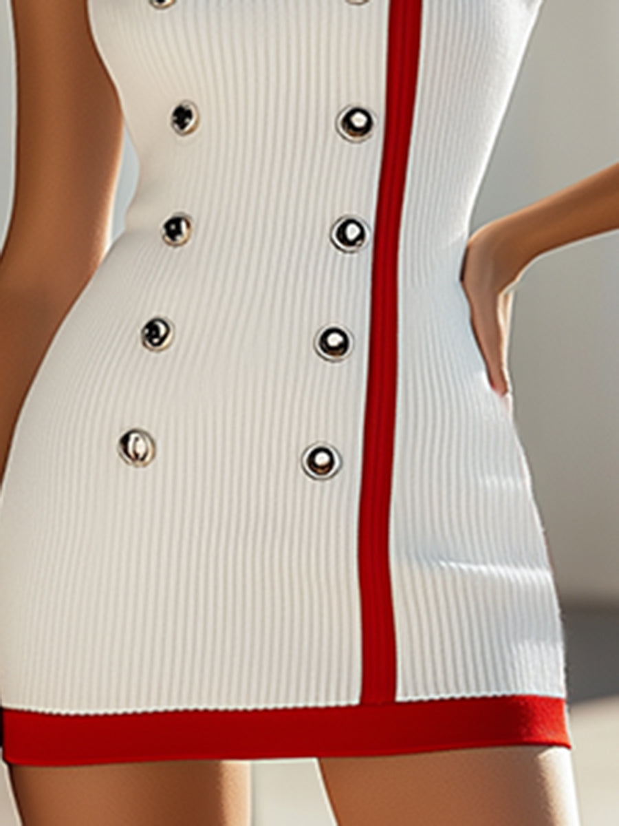 Robe Mini Tricotée Blanche Sans Manches avec Détails Rouges - Expédition en 24 Heures !