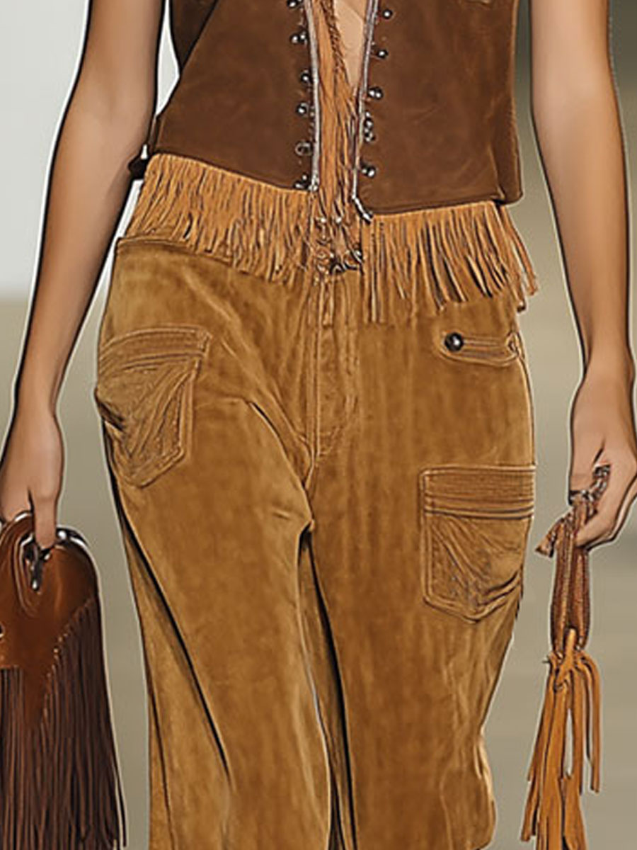 【Expédition rapide en 24 heures】Pantalons en suède caramel vintage avec rivets et franges