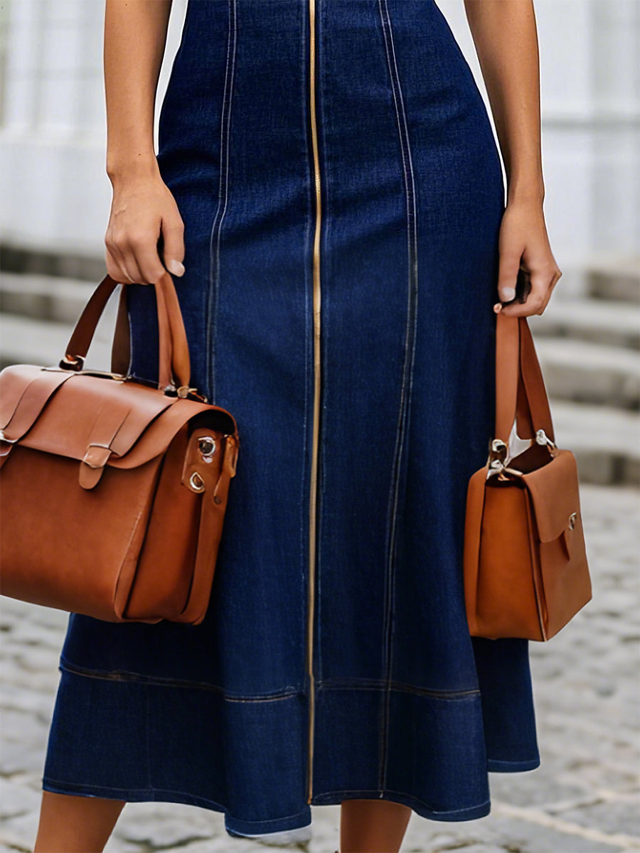 Robe Maxi en Denim Bleu Foncé - Col Rond et Fermeture Éclair, Style Décontracté - Expédition Rapide en 24 Heures!